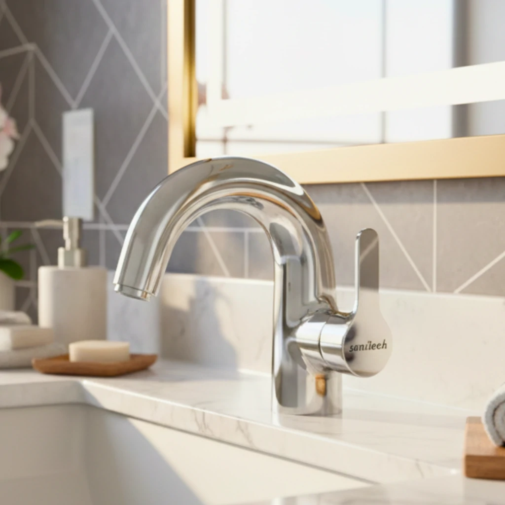 Acme Basin Mixer in Bathroom in Daylight - SaniTecH Sanitary Fittings