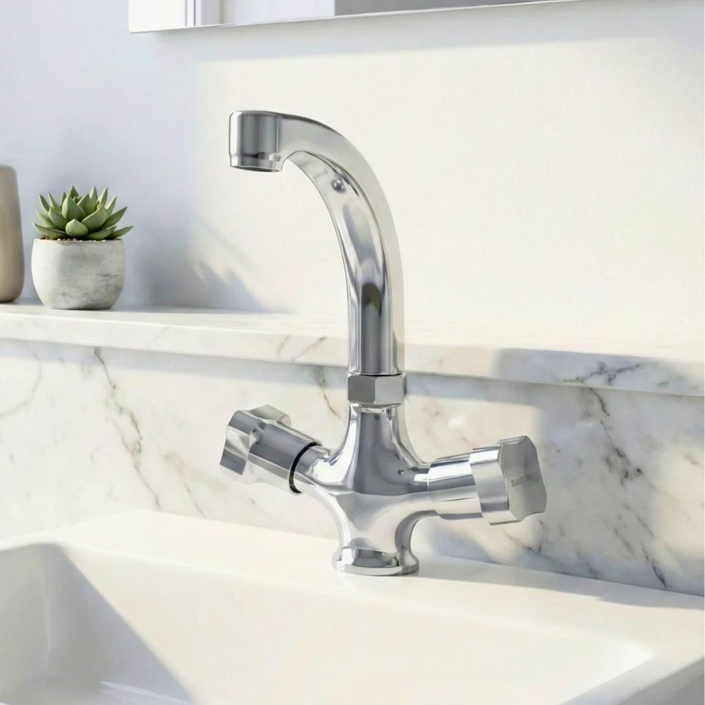 Cancer Basin Mixer in Bathroom in Daylight - SaniTecH Sanitary Fittings