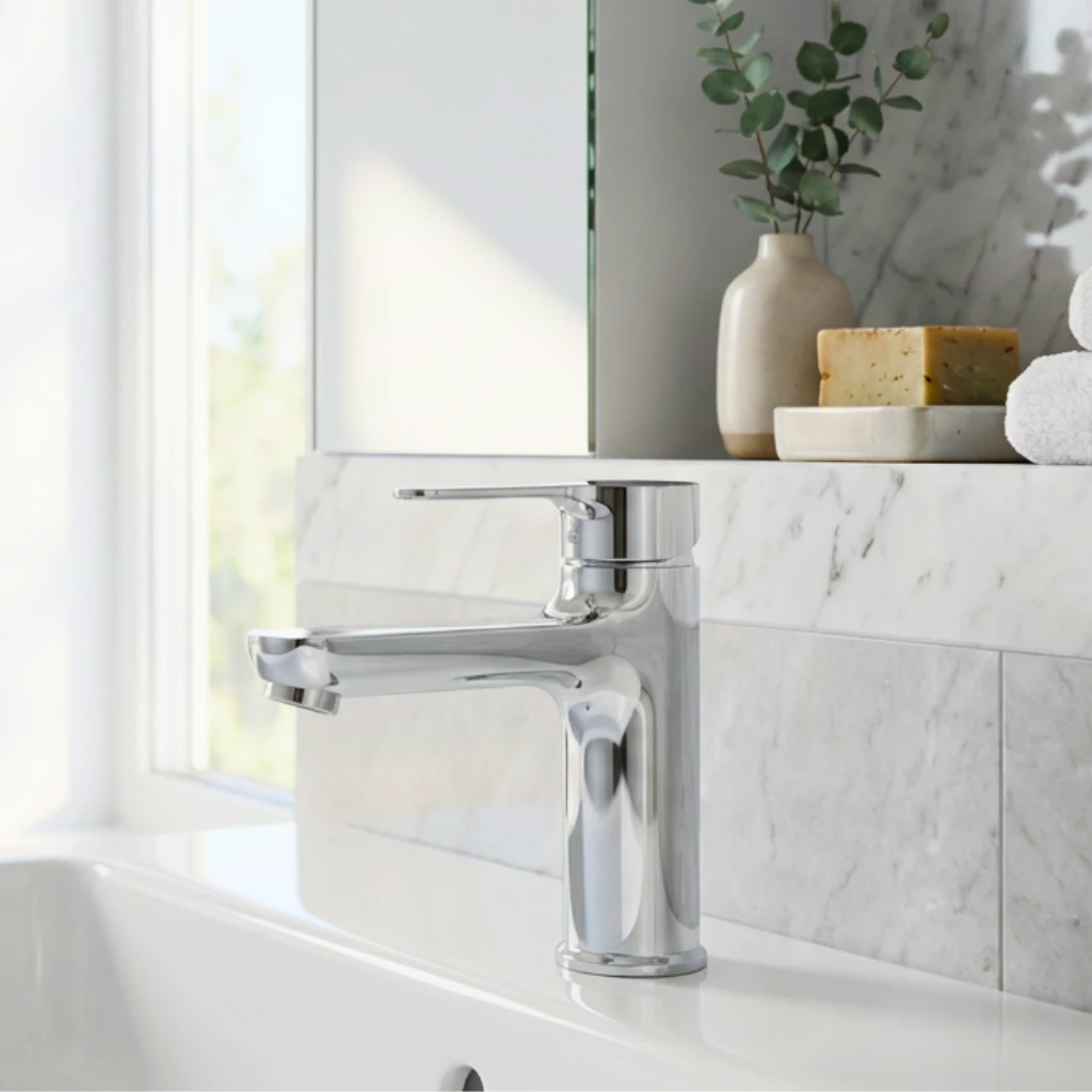 Eco Basin Mixer in Bathroom in Daylight - SaniTecH Sanitary Fittings