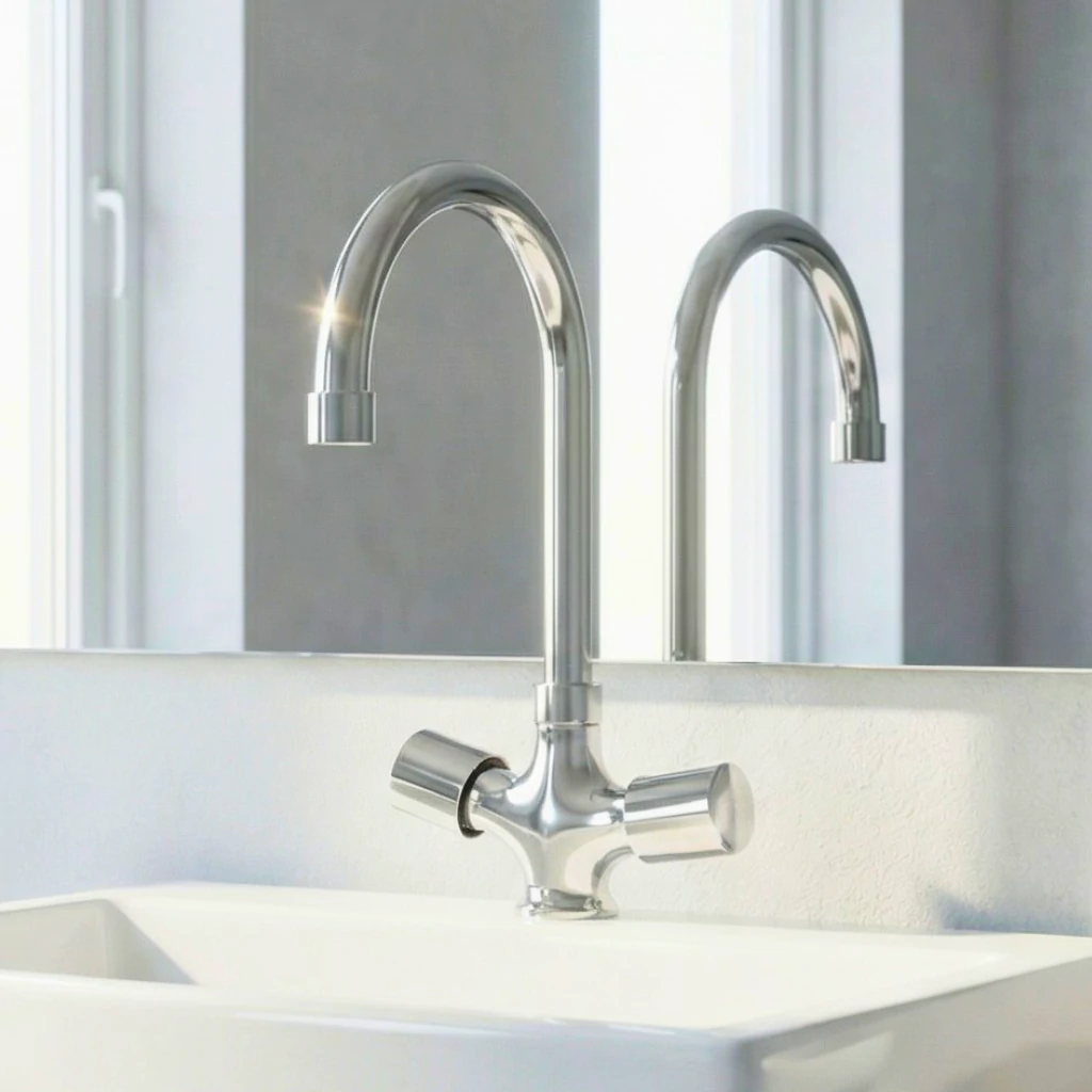Leo Basin Mixer in Bathroom in Daylight - SaniTecH Sanitary Fittings