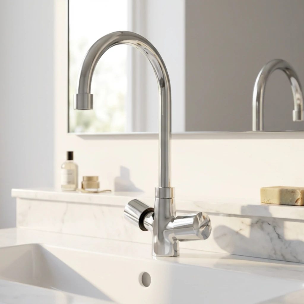 Scorpio Basin Mixer in Bathroom in Daylight - SaniTecH Sanitary Fittings