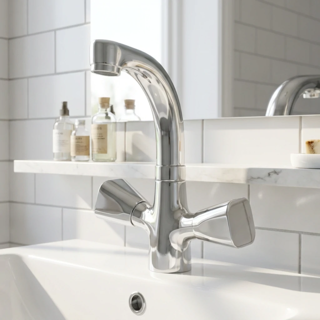 Virgo Basin Mixer in Bathroom in Daylight - SaniTecH Sanitary Fittings
