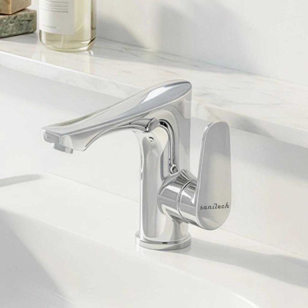 Vogue Basin Mixer in Bathroom in Daylight - SaniTecH Sanitary Fittings